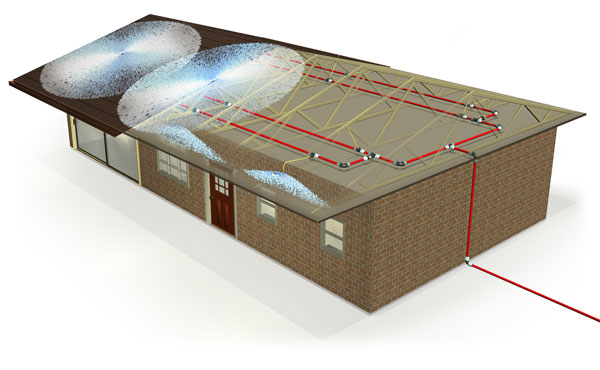 Illustration detailing EWSS bush fire protection inside roof space of house